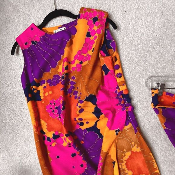 1960s Krist Vibrant Floral Print Dress/Tunic Set, Bold Psychedelic, XS/S - Picture 7 of 16